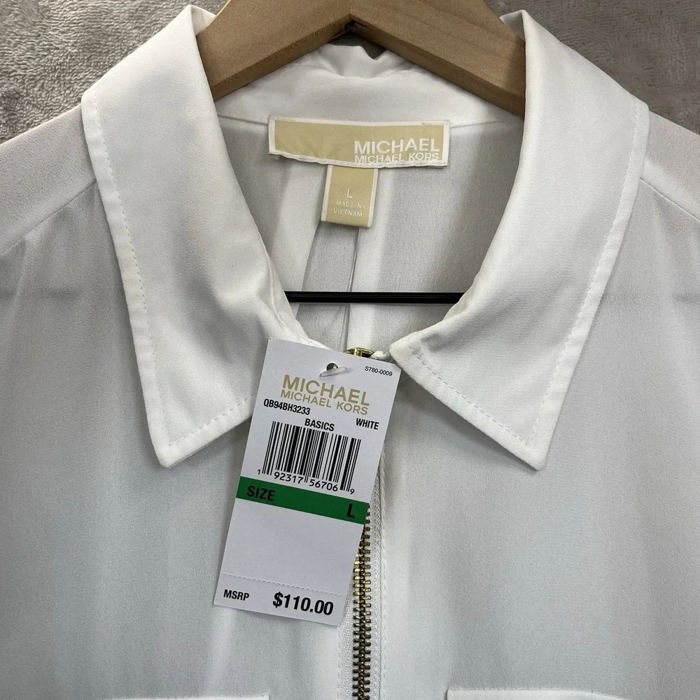 Michael‎ Kors Top White Large Roll Tab Sleeve Blouse W/Gold Zippers NEW